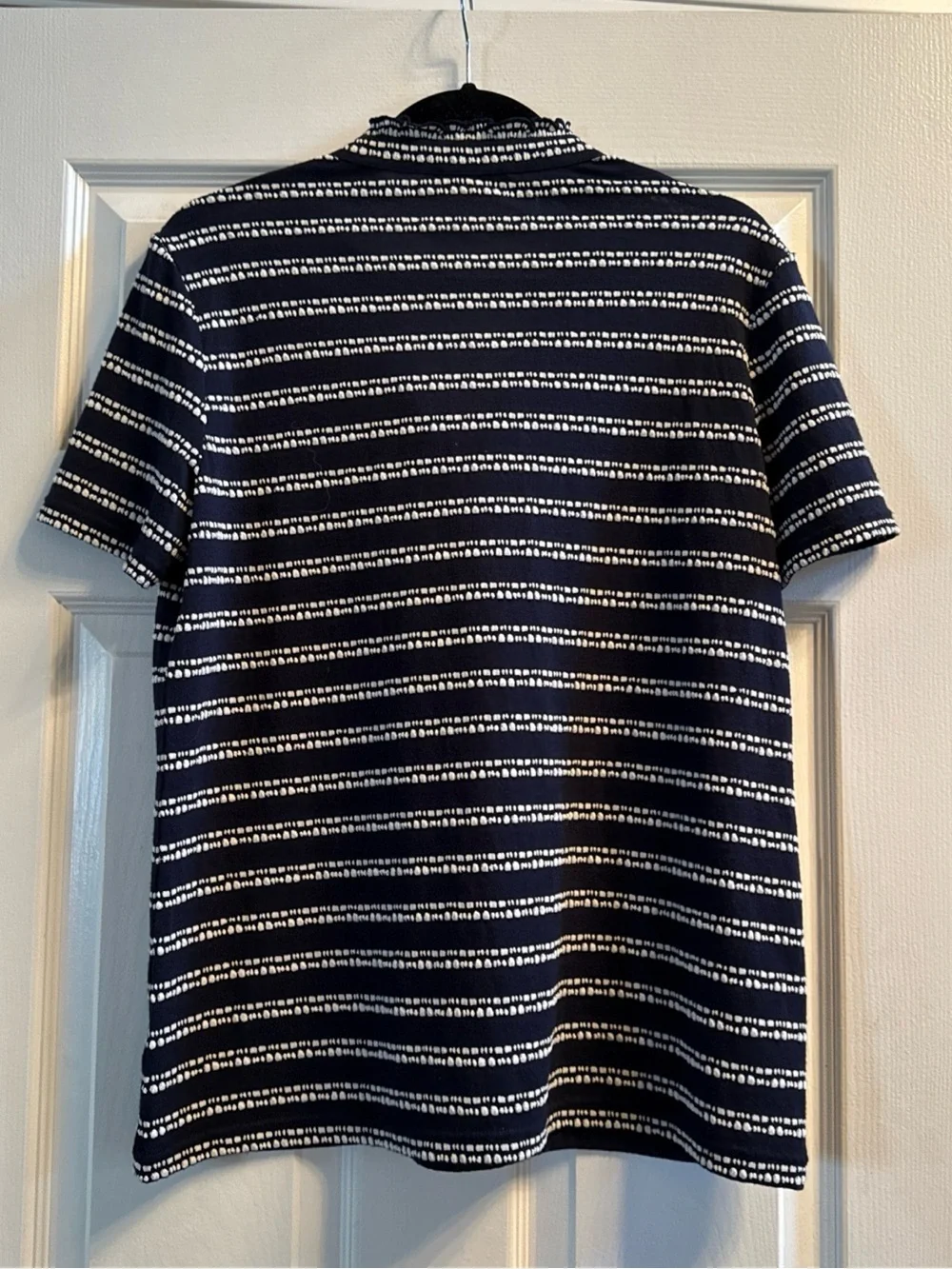 TORY BURCH LIDIA NAVY DASH STRIPE Ruffle Buttons polo style Shirt TOP SZ large